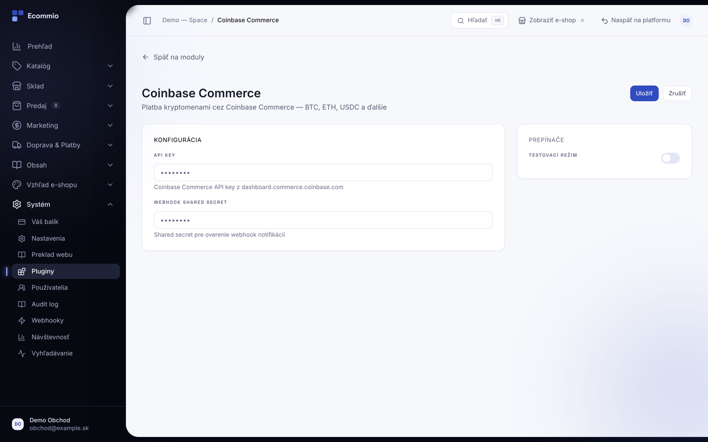 Obrazovka „Platobná brána Coinbase Commerce“ v administrácii