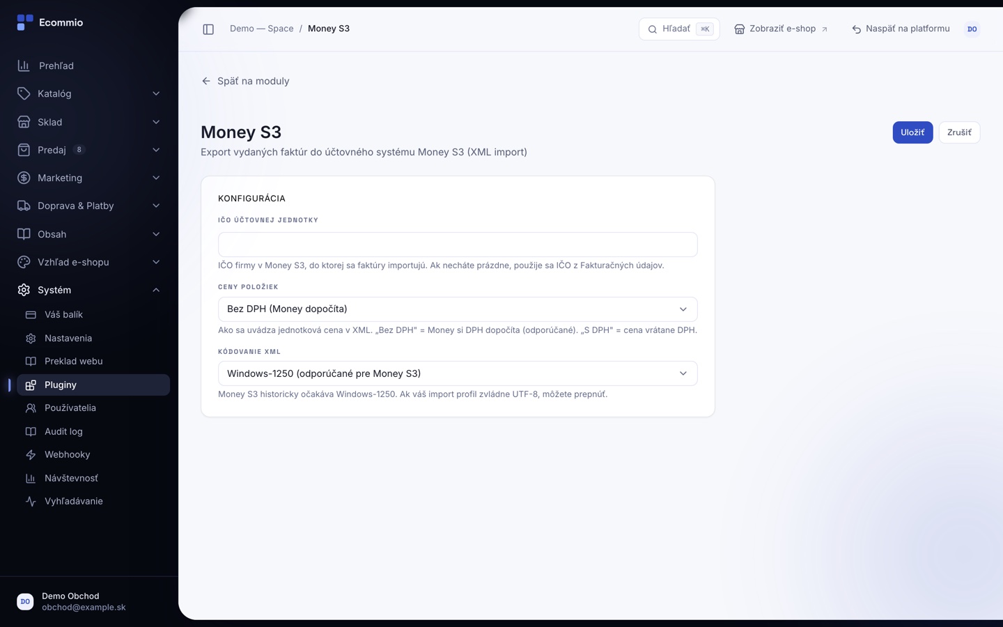 Obrazovka „Export do Money S3“ v administrácii