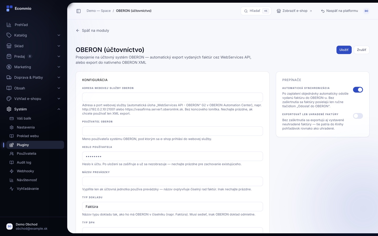 Obrazovka „OBERON — export faktúr“ v administrácii