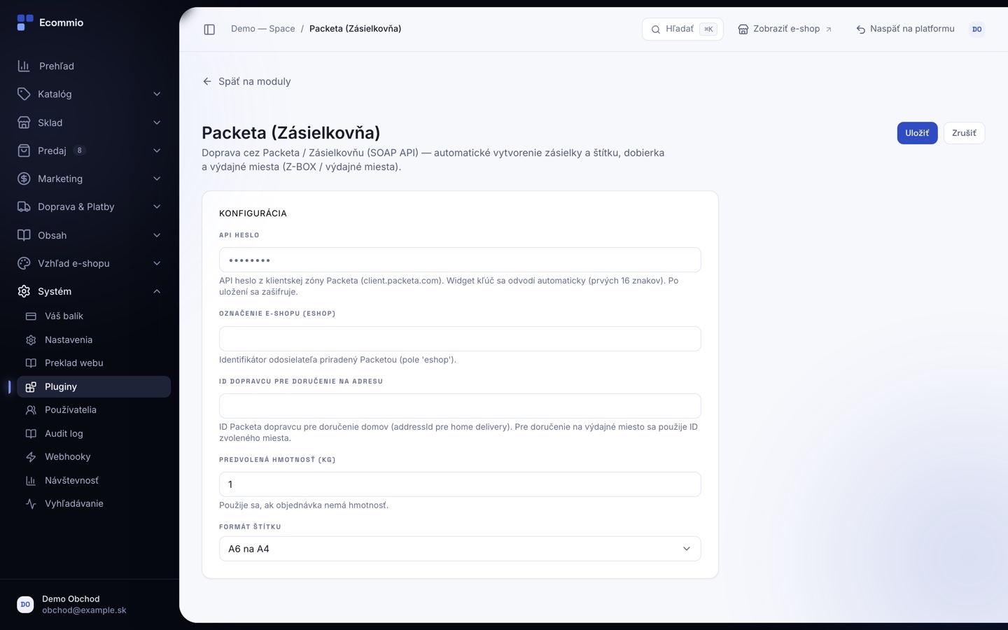 Obrazovka „Dopravca Packeta (Zásielkovňa)“ v administrácii