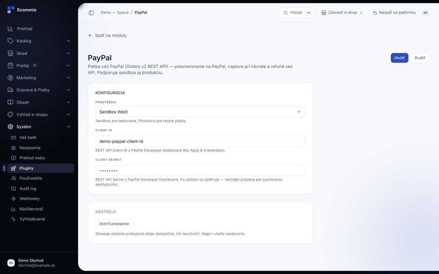 Obrazovka „Platobná brána PayPal“ v administrácii