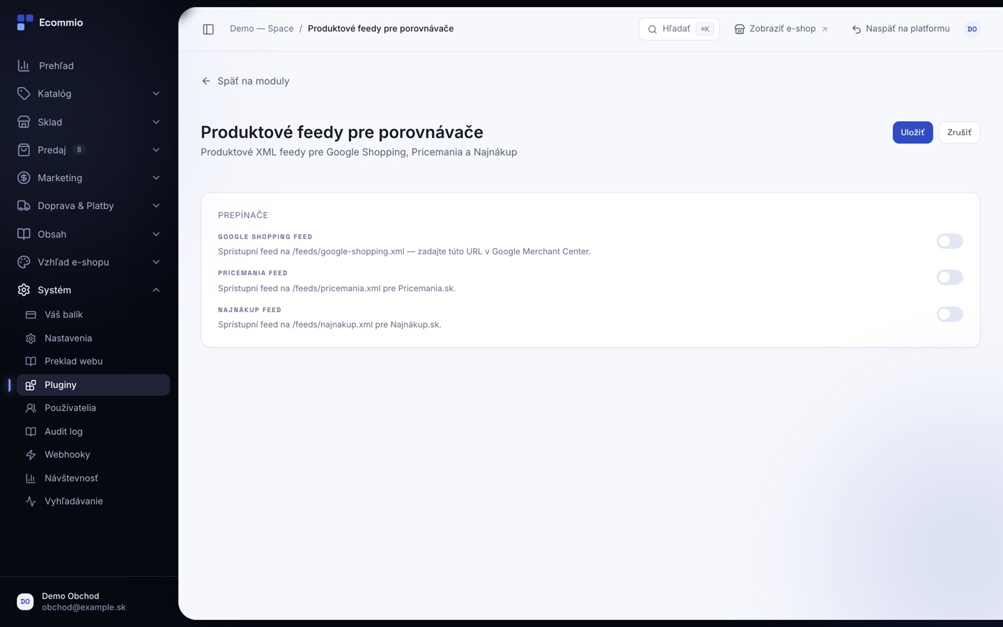 Obrazovka „Produktové feedy — výstup pre porovnávače“ v administrácii