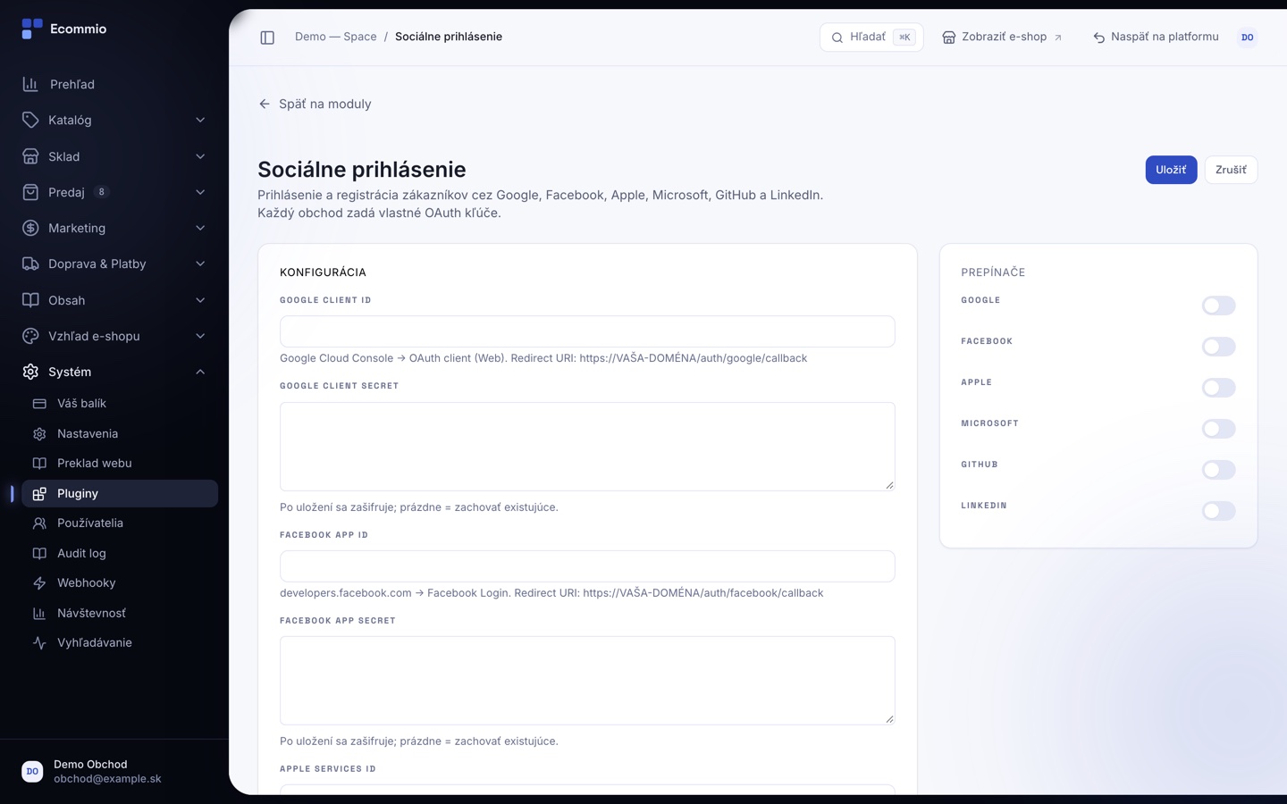Obrazovka „Sociálne prihlásenie“ v administrácii