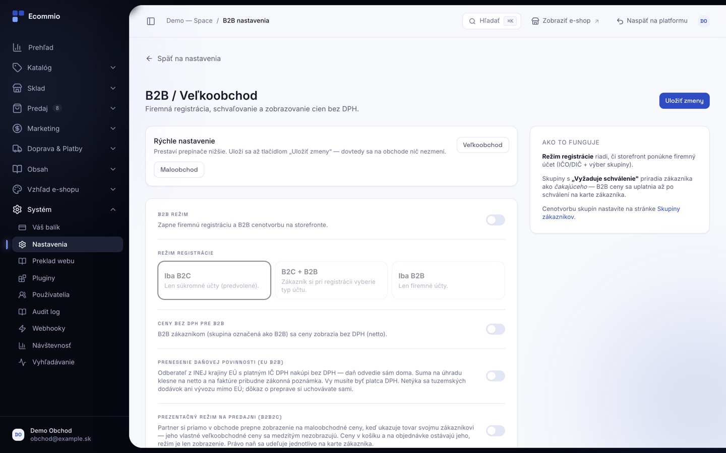 Nastavenia B2B a veľkoobchodu v administrácii Ecommio
