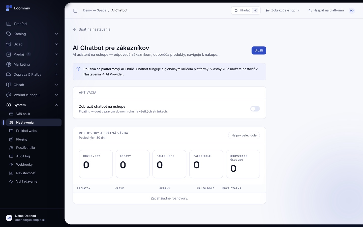 Obrazovka „Chatbot a podpora“ v administrácii