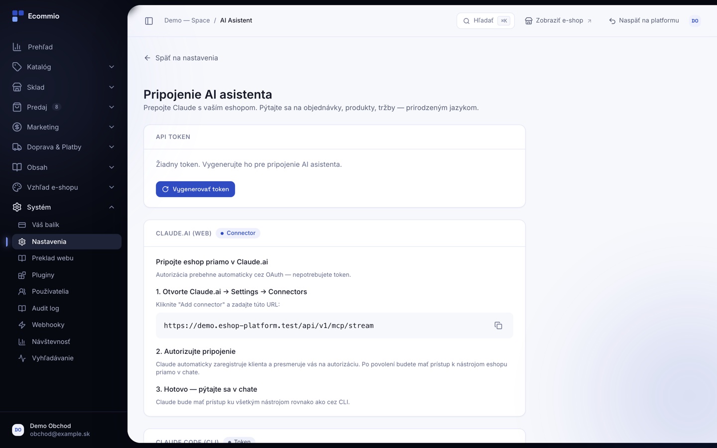 Obrazovka „MCP server — pripojenie Claude k obchodu“ v administrácii