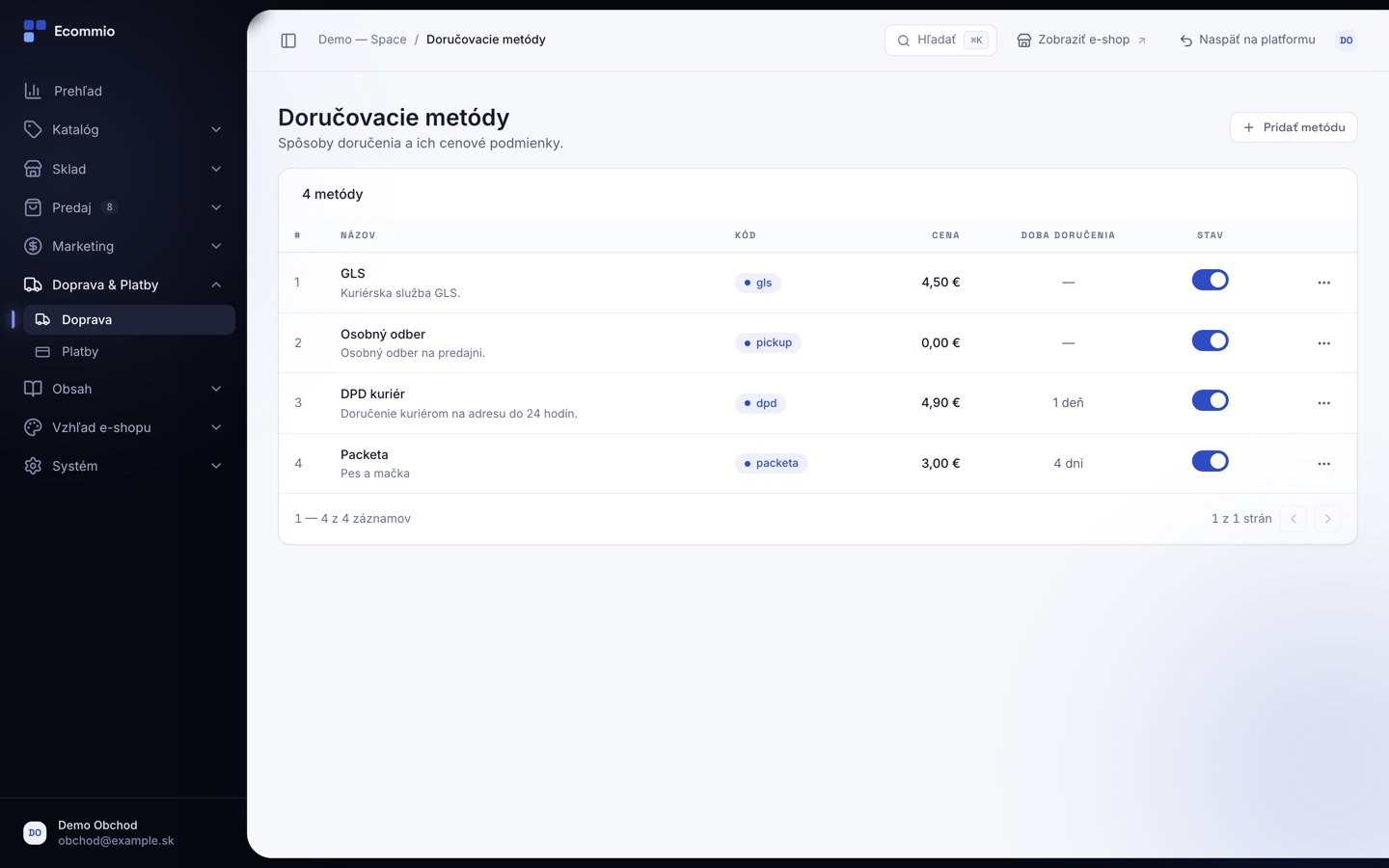 Obrazovka „Doručovacie metódy a ceny dopravy“ v administrácii