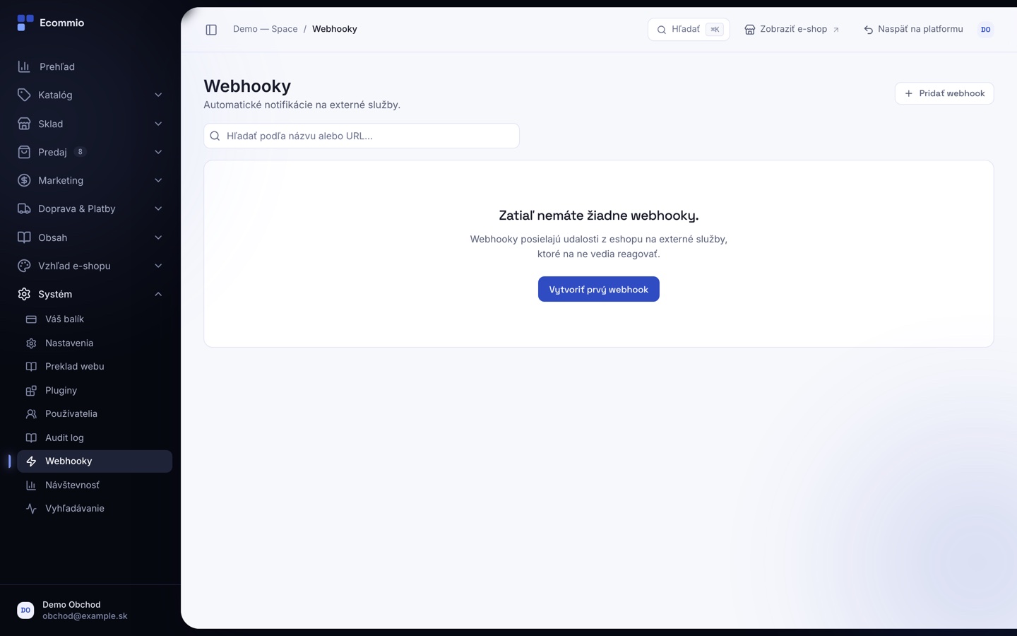 Obrazovka „Webhooky“ v administrácii